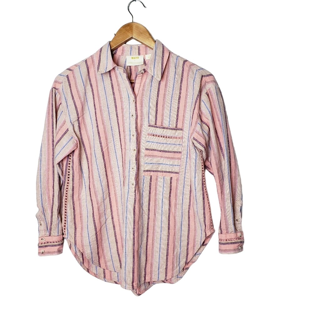 Maeve by Anthropologie Lida Striped Linen‎ Cotton Striped Blouse Oversized XSP